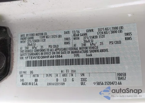 2017 Ford F-150 Platinum z USA, uszkodzony, nr VIN 1FTEW1EG9HFA91584